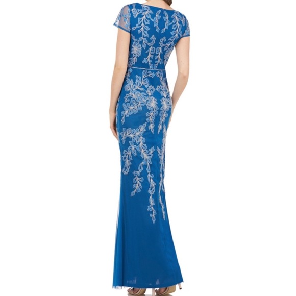 JS COLLECTIONS Embroidered Bead Short Sleeve V-Neck Sheer Mesh Mermaid Gown - Picture 2 of 5